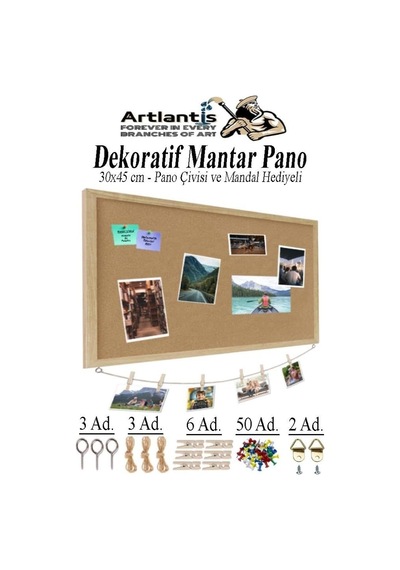 Dekoratif Mantar Pano Ahşap Çerçeve 30x45 Cm 1 Adet Harita Çivisi Hediyeli Duvara Monte Mantar Çerçeve Evde Okulda Diğer