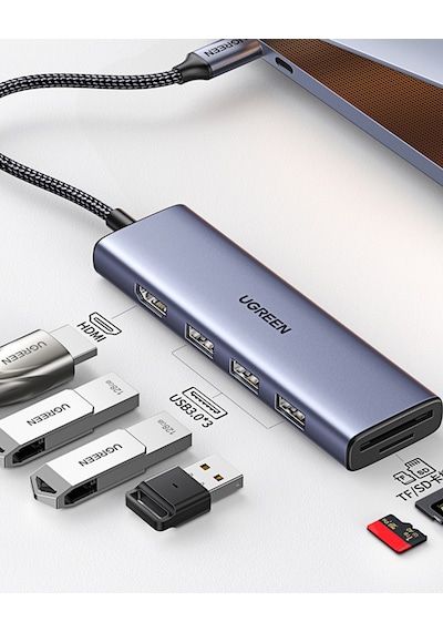 Ugreen 6-in-1 Usb-c 1 4k Hdmı, 3 Usb-a, Sd, Tf Hub Çoklayıcı, Gri, 20956a