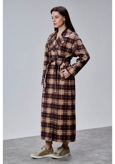 Elora Kahverengi Ekose Detaylı Premium Oversize Trençkot 46650 Kahverengi-vizon