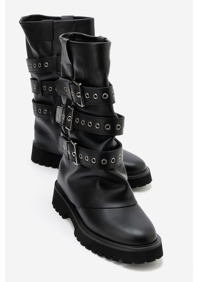 Luvi Shoes Caldy Siyah Hakiki Deri Tokalı Kadın Biker Bot