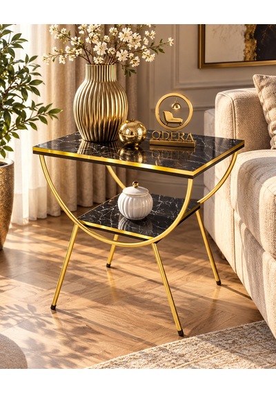 Odera Bendir Siyah Mermer Desenli Çift Raflı Yan Sehpa Komodin Metal Ayaklı Retro Modern Sehpa Diğer
