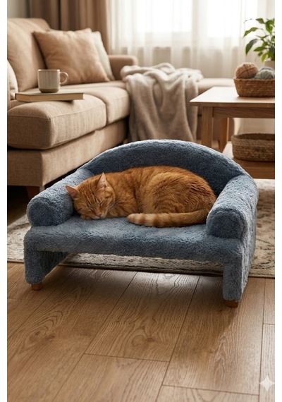 Reyo Pet Peluş Kedi Oturma Koltuğu Kedi Yatağı Çelik Mavisi