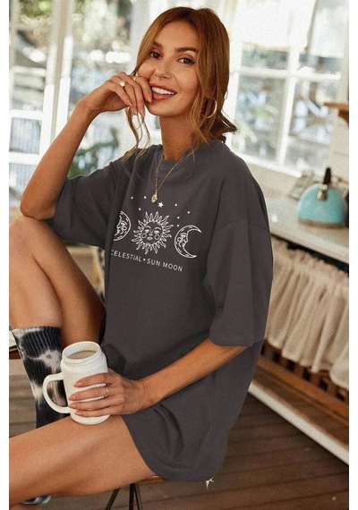 Unisex Sun Moon Sırt Baskılı Oversize T-shirt Yeşil