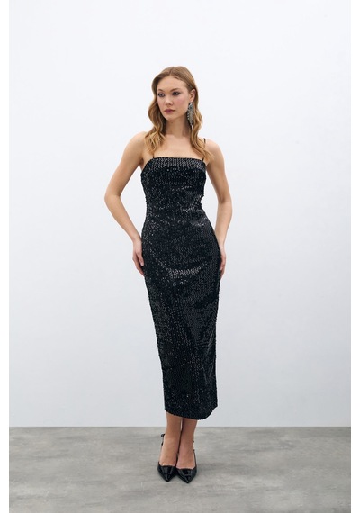Sateen Kadife Payetli Uzun Elbise - Siyah-135578 Siyah