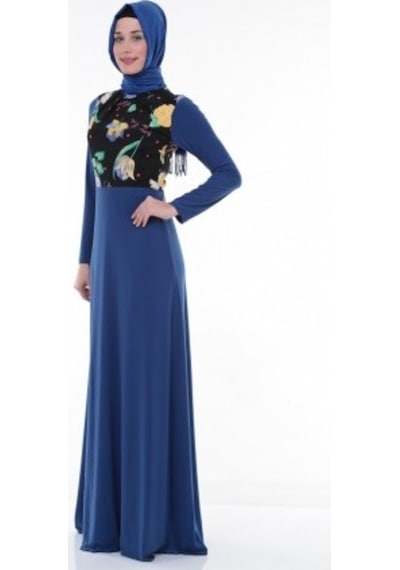 Nidya Moda Pilili Saks Elbise-4046Sx Saks