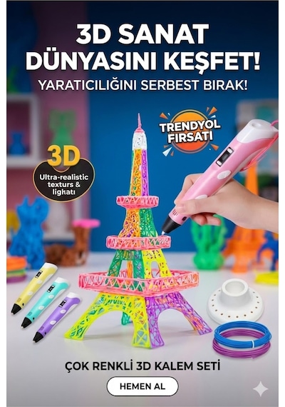 Büro Ev Ofis Hobi Atölyesi İçin 3d Üç Boyutlu Dijital Göstergeli Pembe Kalem 3filament Seti