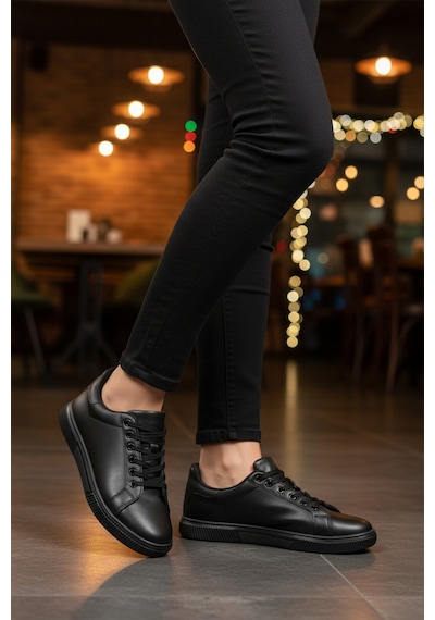Ayk's Siyah Bağcıklı Hafif Cilt Erkek Sneaker Mota 600 M Siyah-siyah