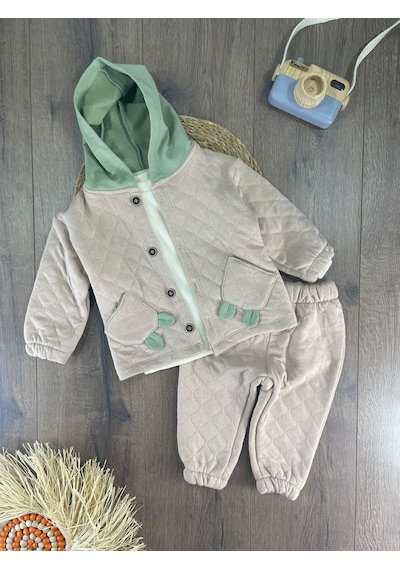 Bebicix Cep Detaylı Omuzdan Çıtçıtlı Kapitone 3'lü Erkek Bebek Takım Krem