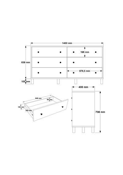 Yurudesign Noren Geniş Şifonyer 6 Çekmeceli Ahşap Ayaklı Bebek Ve Çocuk Odası Beyaz Nr2-w