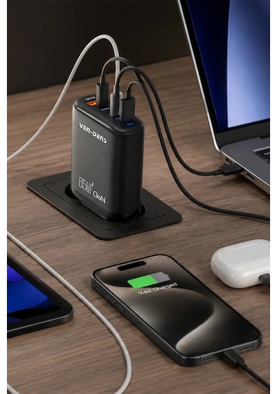 Ven-dens Sp-tc91bg 65 W Pd 3 Portlu Hızlı Şarj Adaptörü, 2 Usb-c Ve 1 Usb-a, Qc 3.0 Desteği, Siyah