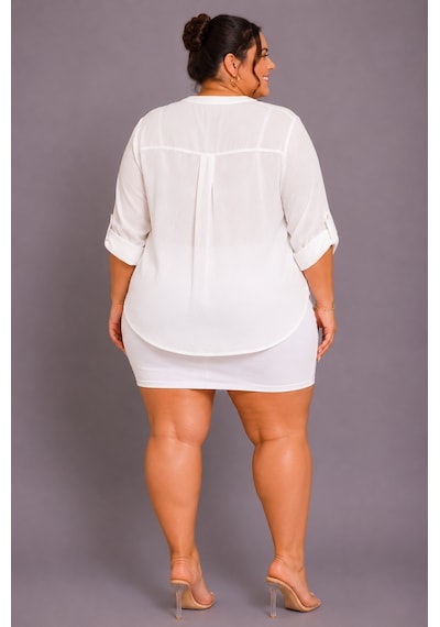 Büyük Beden V Yaka Düğmeli Taş İşlemeli Kapri Kol Cepli İnce Kadın Gömlek Beyaz