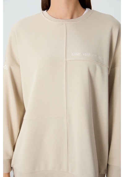 Tommy Life Bej Kompakt Pamuklu Kalın Pürüzsüz Dokulu O Yaka Oversize Fit Kadın Sweatshirt - 97288 Bej