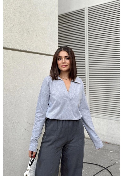 WeShaya Kadın Gri Polo Yaka Basic Bluz, Uzun Kol, Regular Kesim, Günlük Ve Spor Kaliteli Kumaş Sweatshirt Gri