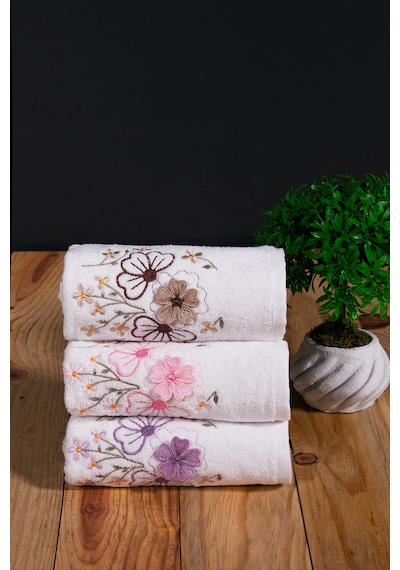 30x50 Cm Kadife Güpür Çiçekli 3lü Mutfak Havlusu El Havlusu Yüz Havlusu Seti Beyaz