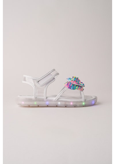 Muggo Pickles Pullu Kelebek Detaylı Cırtlı Şeffaf Kız Çocuk Sandalet Beyaz