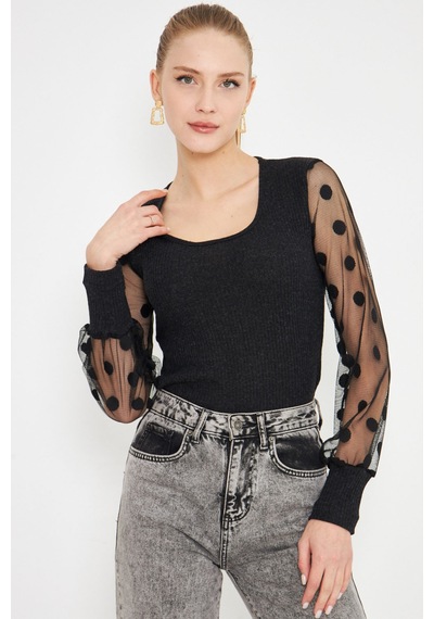 Armonika Kadın Siyah U Yaka Kolları Tül Detaylı Manşetli Kaşkorse Bluz Arm-25k001066 Armonika Kadın Siyah U Yaka Kolları Tül Detaylı Manşetli Kaşkorse Bluz Arm-25k001066