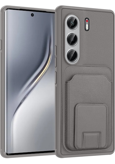 Tecno Camon 40 Pro Kılıf Deri Dokulu Ve Kartlıklı Bikart Tpu Premium Kapak Gri