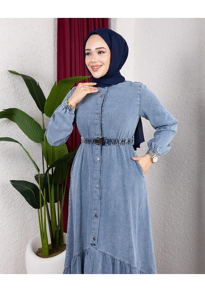 Hb Harma Time Butik Kadın Düğmeli Kuşaklı Denim Kot Mavi Elbise