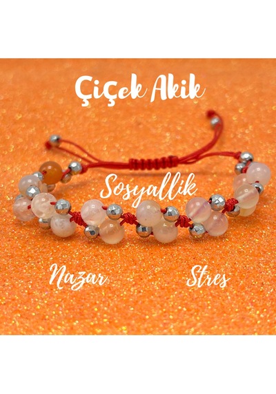 Yıldız Doğal Taş 6mm Ipli Çiçek Akik Ayarlanabilir Ölçü Doğal Taş Bileklik Pembe