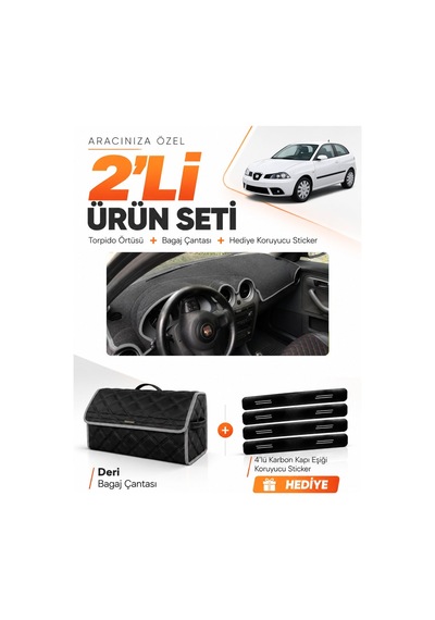 Seat Ibıza 2001-2008 Uyumlu Torpido Örtüsü + Deri Bagaj Çantası + Sticker Seti - Siyah Gri