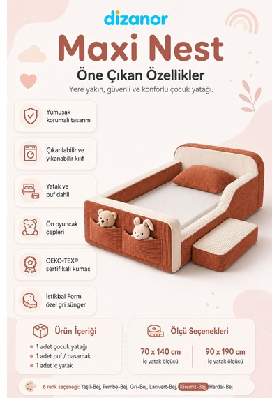 Dizanor Maxi Nest Tek Kısa Yan Kenarlı Montessori Yatak Seti - Kiremit Fitilli