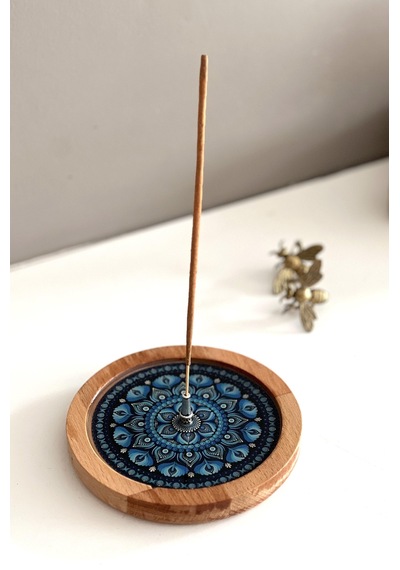 Ahşap Üzerine Epoksi Mandala Desenli Yuvarlak Tütsülük -12 Cm Çap- Mavi