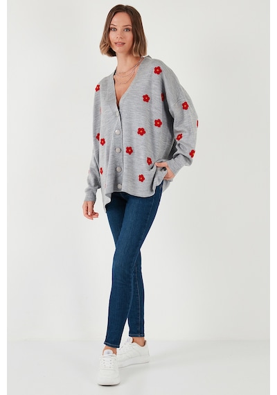 Lela Oversize Fit Çiçekli Düğmeli V Yaka Soft Akrilik Bayan Hırka 4616192 Açık Gri
