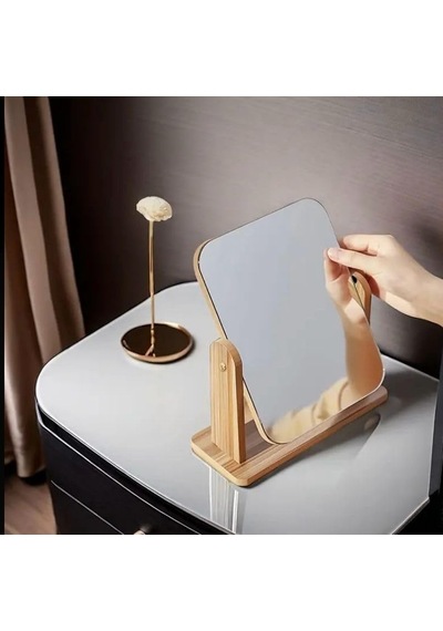 13x18 Cm Ahşaptan 360 Derece Dönebilen Masaüstü Standlı Ayarlanabilir Makyaj Aynası Masaüstü Ahşap Ayna Açık Bej