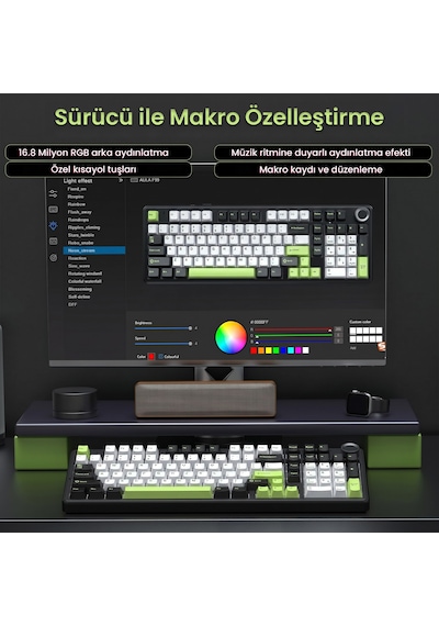 Aula F99 Pro 3 Modlu Rgb Hot Swap Mekanik Star Vector Switch Kablosuz Makrolu Klavye Yesil