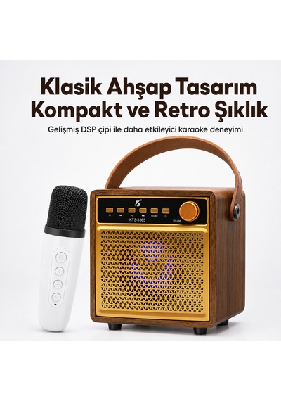 Kts-1865 3 Ahşap Hoparlör Kablosuz Mikrofonlu Taşınabilir Karaoke Sistemi Party Box Eğlence Paketi