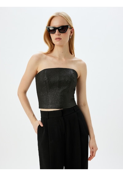 Koton Straplez Crop Parıltılı Dokulu Kolsuz Fermuarlı Bluz Siyah 5wak60015fw Siyah