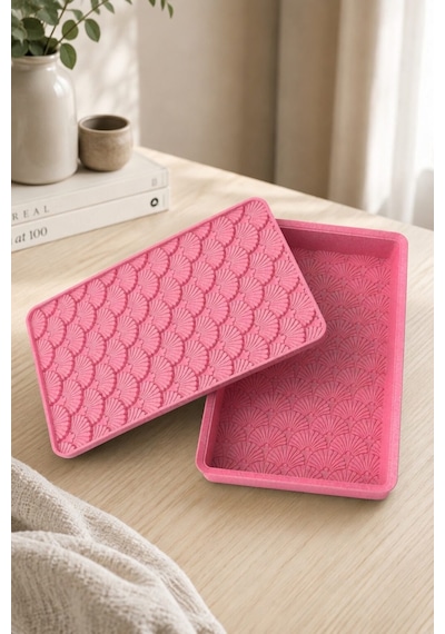 Desenli Kapaklı Dekoratif Kutu Masa Üstü Organizer Takı Aksesuar Saklama Kutusu Pla 20x12.5 Cm Pembe