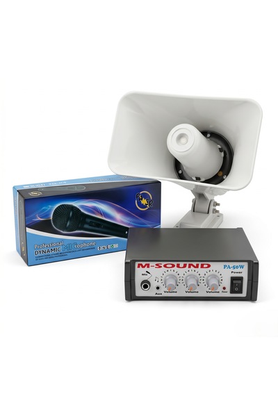 Audıox Ps-50 Pazarcı Ses Sistemi Seti 12 Volt 50 Watt Pazarcı Amfisi Horn Hoparlör Dinamik El Mikrofonu
