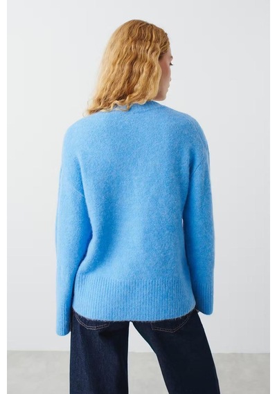 Madmext Mavi V Yaka Oversize Kadın Triko Kazak Mg2149-mavi Mavi