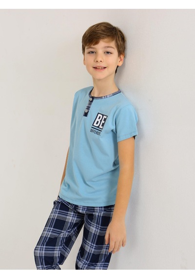 Vitmo Erkek Çocuk Kısa Kollu Düğme Detaylı %100 Pamuklu Pijama Takımı Be Mavi