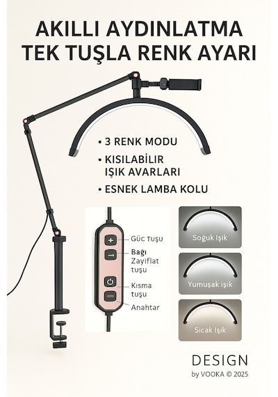 Ring Light 56 Cm Led Güzellik & Selfie Işığı, Metal Kelepçeli Masaya Montaj, 3000 6500k, Tutuculu