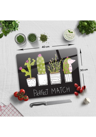 Decorita Cam Kesme Tahtası | Perfect Match-Siyah Fon|30cm x 40cm