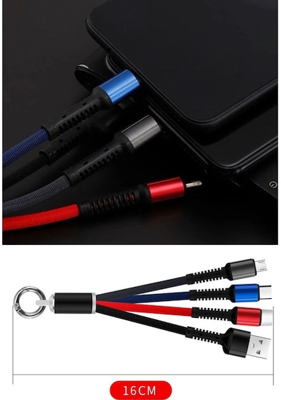 Işıklı Anahtarlık Model 3 İn 1 Usb Çıkışlı Mikro,type-c Ve İphone Uyumlu Şarj Kablosu
