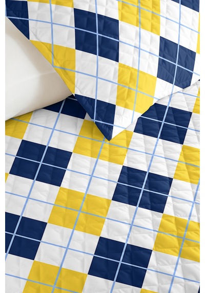Sarı Lacivert Ekose Geometrik Genç Odası Tek Kişilik Pike Takımı - 160x220 Cm Kapitone Yatak Örtüsü Gölge Çiy Buharı