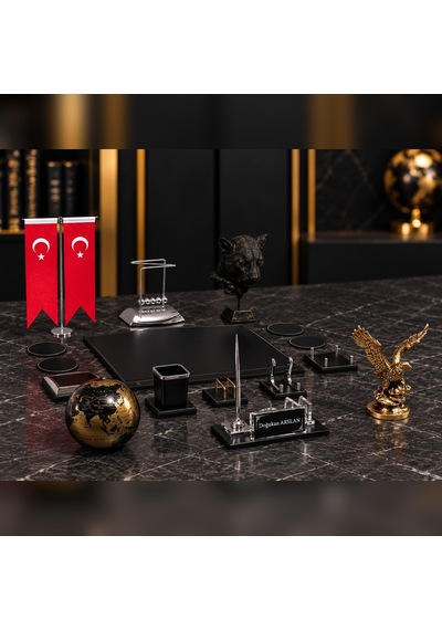 16 Parça Kristal Masa İsimlik Ofis Seti Kartal, Panter, Türk Bayraklı Siyah - Gold