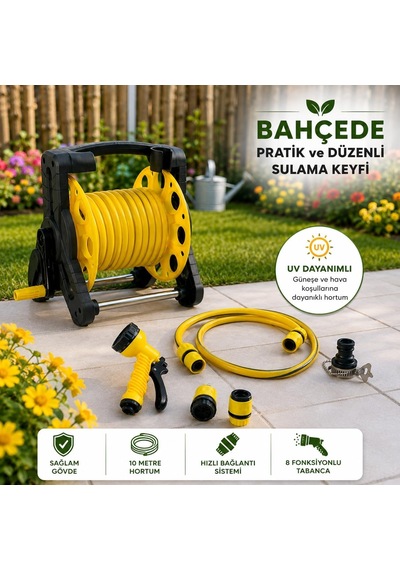 10 Metre Taşınabilir Makaralı Bahçe Hortum Seti, 8 Fonksiyonlu
