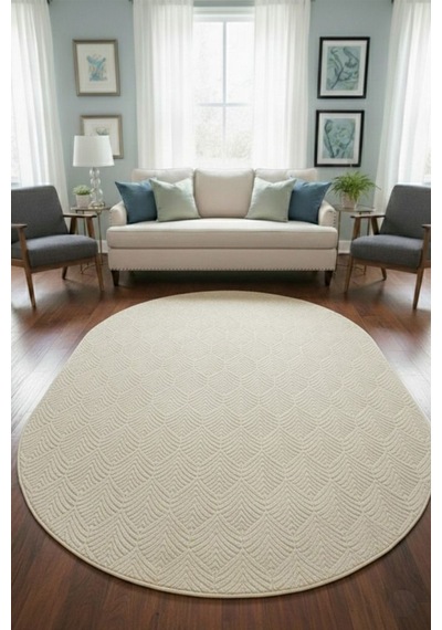 Raschel Carpet Premium Oval Yıkanabilir Leke Tutmaz Yaprak Emboss Krem Özel Seri Kaymaz Taban Halı Yolluk Krem