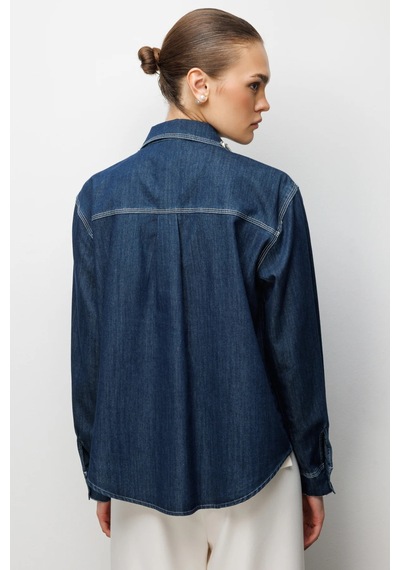 Ekol Kadın Taş İşlemeli Denim Görünümlü Gömlek 2910 Indigo Indigo