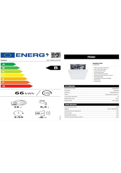 Haier XS 6B0S3FSB B 10 Programlı 16 Kişilik Ankastre Bulaşık Makinesi