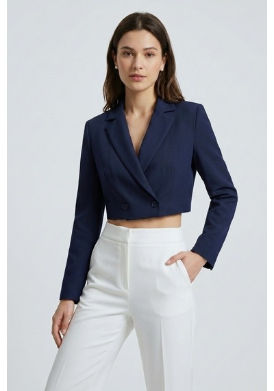 Saade Koyu Lacivert Kadın Regular Fit Kruvaze Kapama Dokuma Crop Blazer Ceket -şık & Spor Saade Koyu Lacivert Kadın Regular Fit Kruvaze Kapama Dokuma Crop Blazer Ceket -şık & Spor