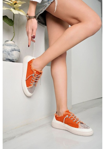 Craft Moda Neva Taşlı Düz Taban Kadın Kot Sneakers Turuncu