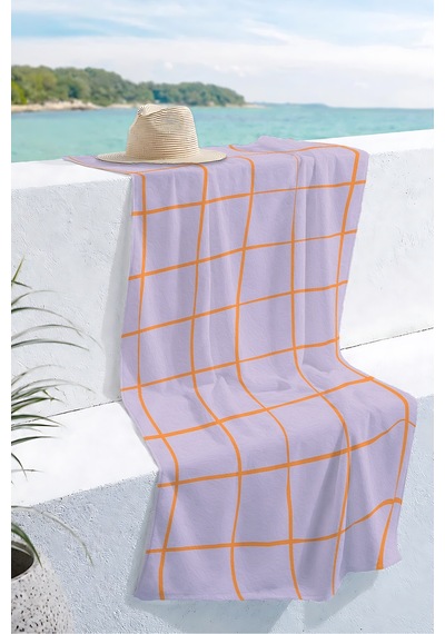 Ekose Kareli Lila Plaj Havlusu - Modern Geometrik Turuncu Çizgili Hızlı Kuruyan Mikrofiber Havlu Yağmur Çiçeği