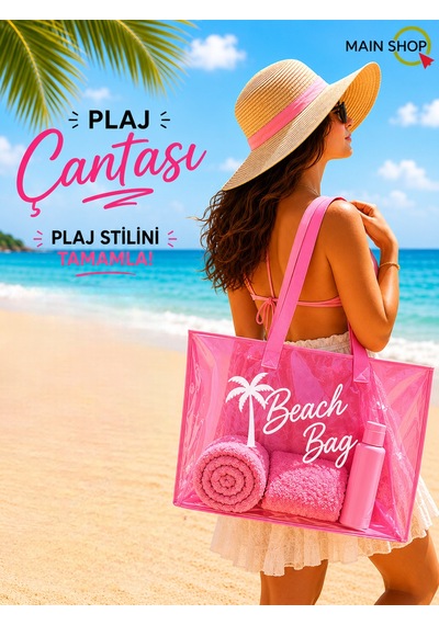 Mainshop Pembe Şeffaf Beach Bag Kadın Plaj Çantası Büyük Hacimli M-plj01