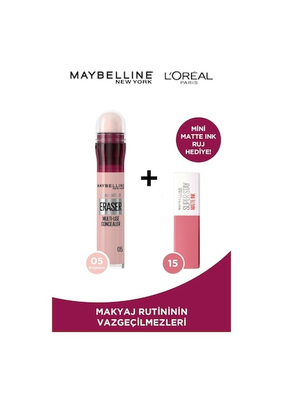 Maybelline New York Instant Eraser Kapatıcı 05 + Super Stay Matte Ink 15 Mini Ruj 05 Brighten