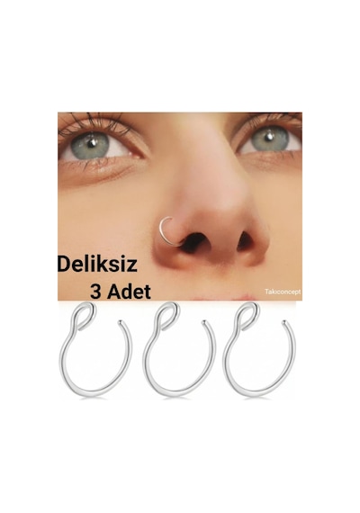 Takıconcept Deliksiz Çelik Sıkıştırmalı Halka Hızma, 3 Adet Set, Gümüş, Unisex Kulak Burun Piercingi Genel